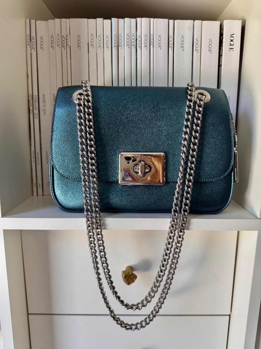 Coach Teal Metallic Green Shoulder Crossbody Bag Silver Chain purse flap clutch